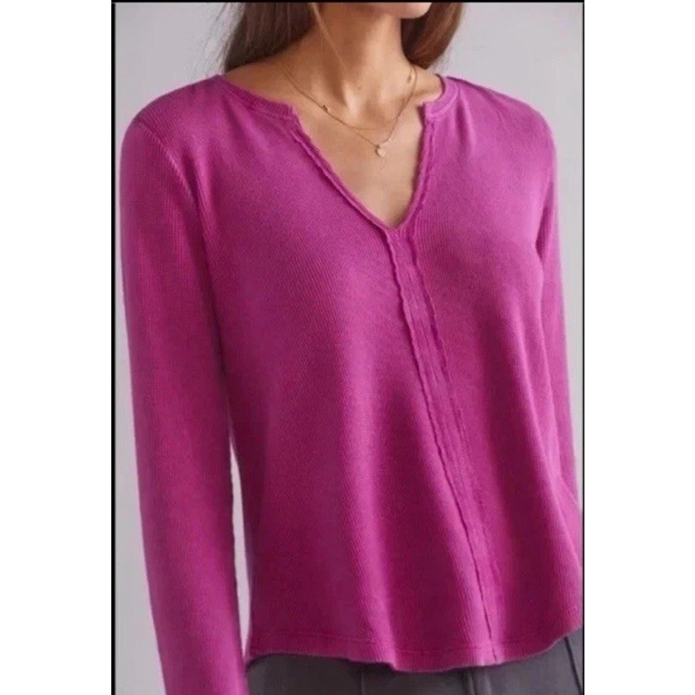 Anthropologie Pilcro Split Neck Waffle Long Sleeve Henley in Raspberry Sz Small